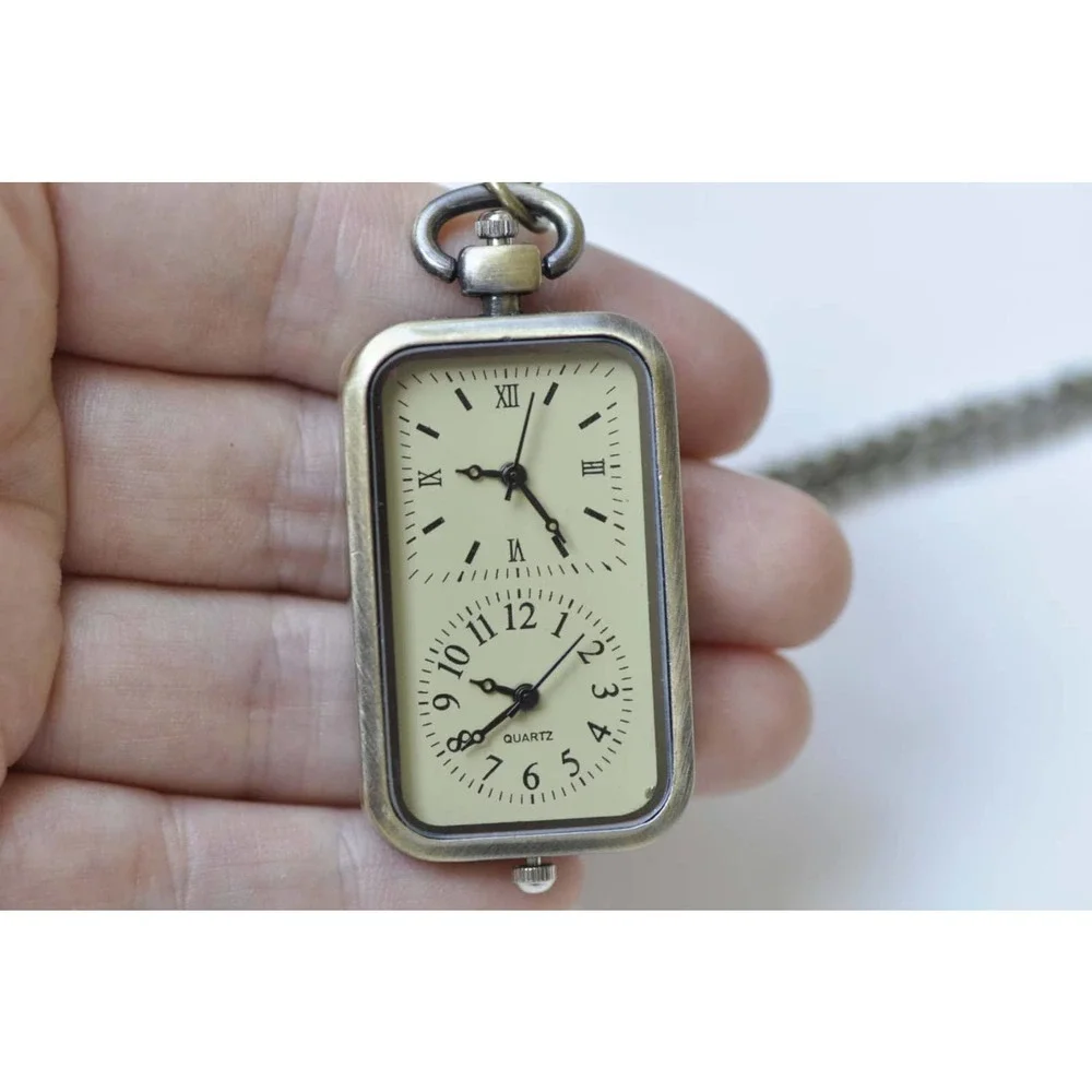 Dual Time Zone NEW Pocket Watch Pendant Vintage Bronze Rectangle Timepiece - Picture 3 of 5